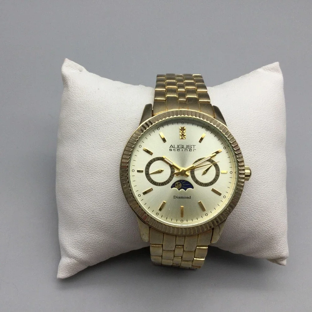 August Steiner Men Watch 40mm Gold Tone Multi-Function Moon Phase New Battery 9